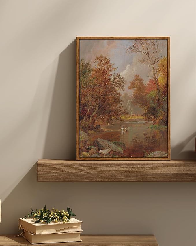 InSimSea Vintage Fall Picture Wall Decor, Autumn River Landscape Art, Rustic Nature Decor for Shelf Kitchen Bathroom, Framed Canvas Art, 16x12in,Small Size