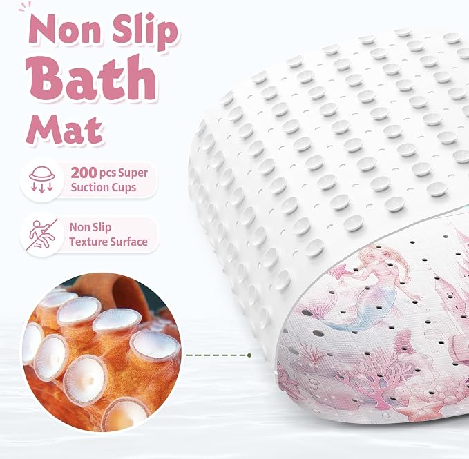 Baby Bath Mat for Tub Non Slip Kids, BPA Free Extra Long Bathtub Mat 40x16 with Drain Holes and 200 Suction Cups, Non Toxic Machine Washable Toddler Bath Mat, Eco-Friendly Certified