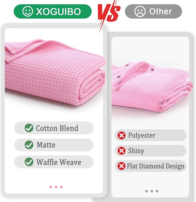 Waffle Weave Shower Curtain Heavyweight Cotton Fabric Pink 72Wx72L | Soft Cotton Cloth,3D Square Truely Waffle Washable, Hotel Luxury Spa, Shower Curtain Set for Bathroom 12 Plastic Hooks