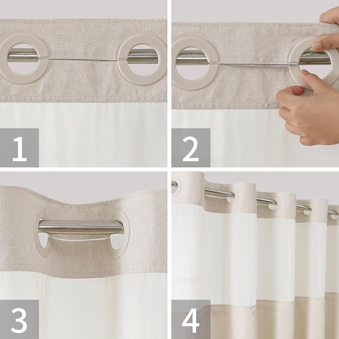 eachope No Hook Linen Texture Shower Curtain with Snap-in Liner,71x80 Cream | 230GSM Thick Fabric,Hotel Luxury Decor,Mesh Top Window,Magnetic Weighted Hem,Waterproof & Machine Washable,for Bathroom