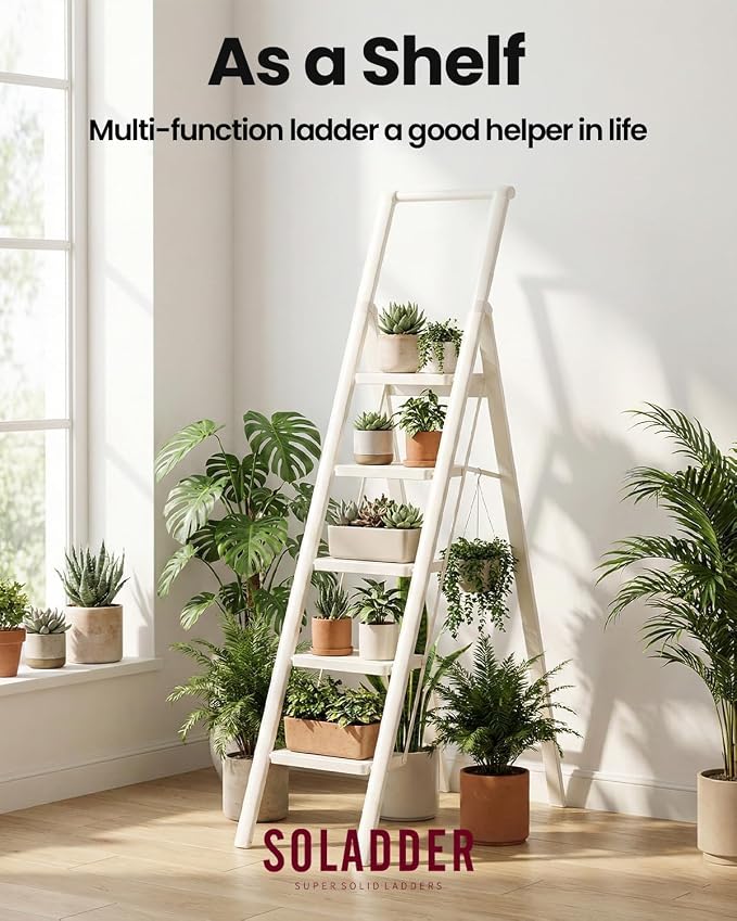 5 Step Ladder, Folding Step Stool, Lightweight Stepladder, White | Reach 10ft;Anti-Slip 7.9'' Wide Pedal;Portable Handrail;Space-Saving;For Kitchen, Home, Library, Office Use;300lbs Capacity
