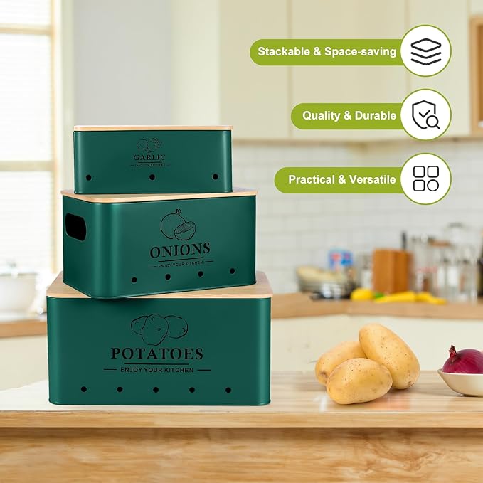 Kitchen Vegetable Storage Set of 3, Metal Onion Garlic Potato Storage Set, Kitchen Canisters Vegetable Keeper Containers with Aerating Holes and Bamboo Lid,Alpine Green