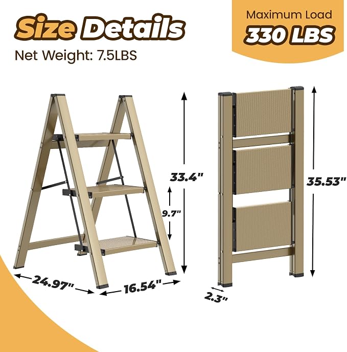 HBTower 3 Step Ladder, Lightweight Aluminum Folding Step Stool | Anti-Slip Wide Pedal, 330lbs Capacity Step Ladder for Household Kitchen Office, Gold