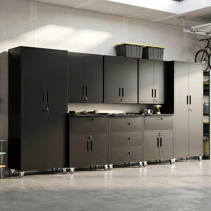Garage Storage Cabinet System,Wall Cabinet & Locking Rolling Tool Cabinet with Doors and Adjustable Shelves
