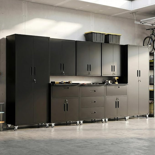 Garage Storage Cabinet System,Wall Cabinet & Locking Rolling Tool Cabinet with Doors and Adjustable Shelves