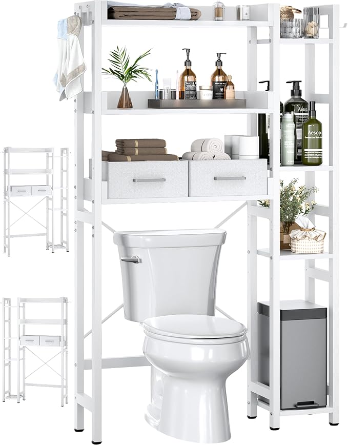 Besiost Over The Toilet Storage, 7 Tier Bathroom Organizer with Reversible Side Shelf and 2 Fabric Drawers, Adjustable Freestanding Rack Space Saver for Small Spaces, White