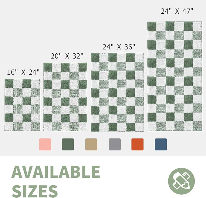 CozeCube Sage Green Checkered Bath Mat 32"x20" Non Slip Washable Rug | For Bathroom Non Slip, Fluffy Absorbent Microfiber Bath Mats Machine Wash, Stylish Cute Aesthetic Bathroom Rugs