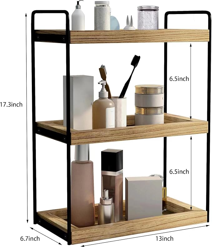 Dorhors Bathroom Counter Organizer,Countertop Tray Storage Shelf | 3 Tier Rustic Brown Wood Vanity Organizer for Skincare,Perfume,Makeup,Counter Tray for Bathroom,Kitche,Dresser