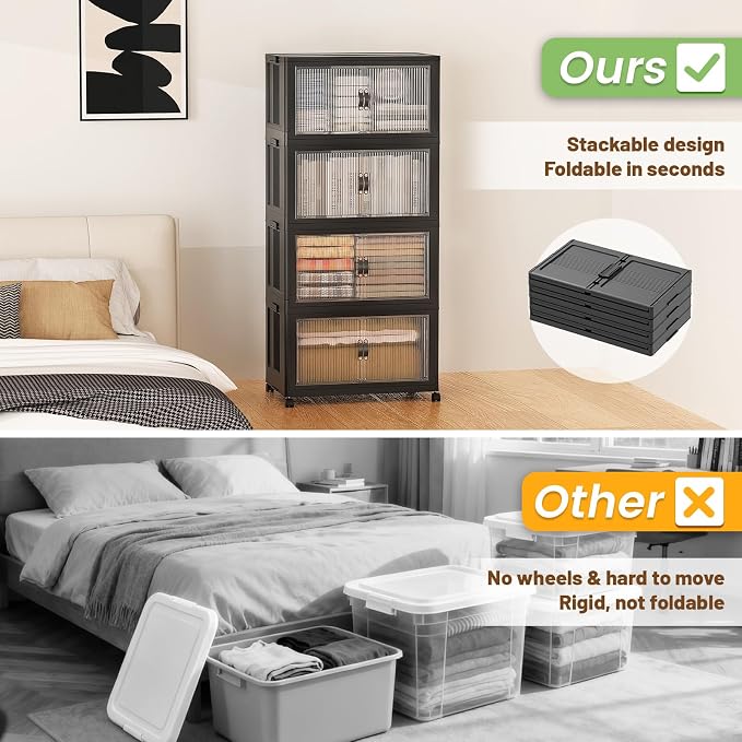 SAILUN 140Qt Stackable Storage Bins,Storage Cabinet with a Lid,4 Pack Black | Stackable Storage Drawers with Lids,18" W x 11" D x 41" H,Featuring open-front Access for Clothes and Closet Storage