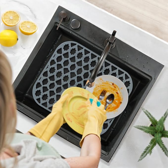 Silicone Sink Protector Mats for Multi-Size Kitchen Sink(18"x15.7") | Flexible and durable, heat-resistant, machine washable, non-slip, gray grid.
