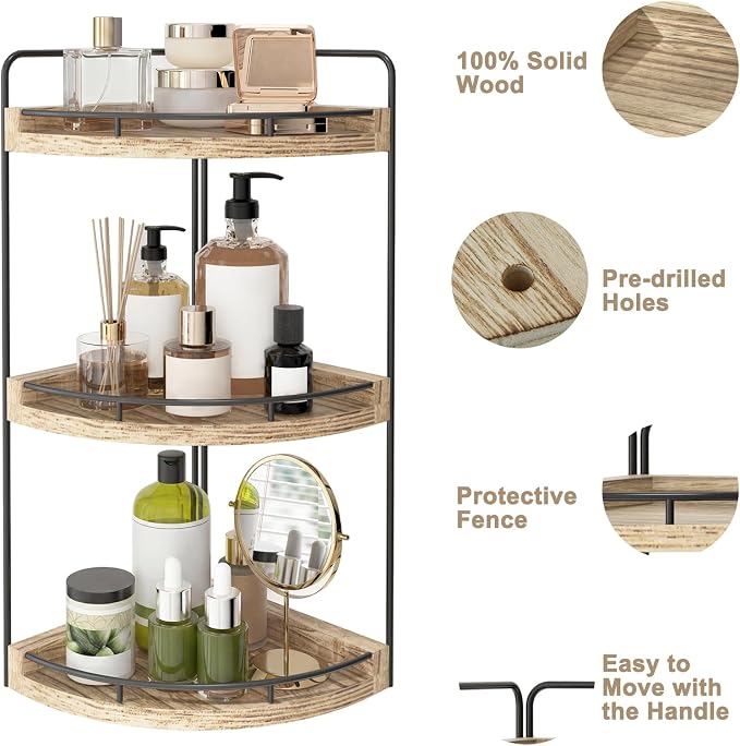 Fixwal 3 Tier Corner Bathroom Countertop Organizer Vanity Shelf Light Brown | Corner Organizer, Rustic Wood Finish, Countertop Storage for Bathroom Essentials, No Install, Compact, Space Saving
