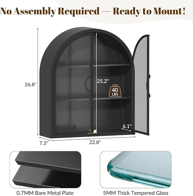 Arched Wall Cabinet with Clear Glass Door, NO Assembly | Full Metal Frame, 10MM Shelves, Handcrafted Arched Design, 40-lb per Tier, 5MM Tempered Glass, for Bathroom Wall Medicine