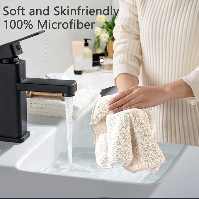Ycosy 18 Piece Bath Towels Set,100% Microfiber Family Bathroom Towel with Hanging Loops-6 Bath Towels,6 Hand Towels,6 Washcloths,Quick Dry Highly Absorbent Shower Towel for Bathroom,Hotel,Spa-Beige