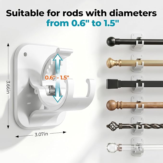 No Drill Curtain Rod Brackets-20LB, 6 Pack Self Adhesive Curtain Rod Holder | Peel and Stick Wall Hooks, Renter Friendly Upgrades for Apartment, Kitchen, Bathroom, Dorm, and RV, Housewarming Gifts