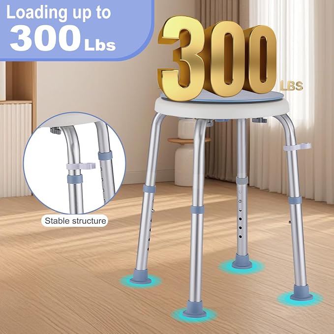 Shower Stool Chair for Inside Shower,360° Swivel,Light Blue,300LBS | 6-Level Adjustable Height Bath Chair,Shower Seat Stool for Bathroom,Upgrade Small Corner Stool for Seniors