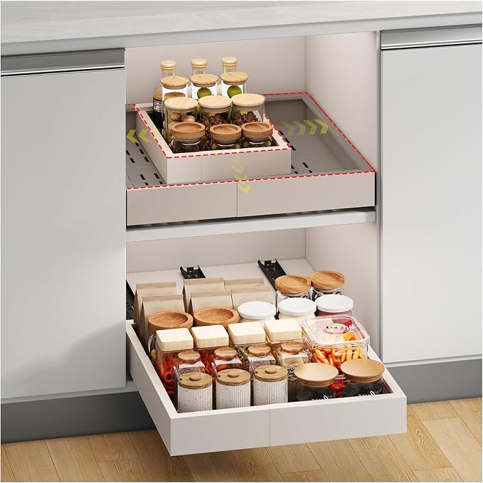 Fokyfok Pull out Cabinet Organizer,11"-16"W, 13"-17"D,Expandable,Adhesive | No Drill,3 Rails,Adjustable Slide out Drawers for Kitchen,Pantry,Roll out Shelves,for Cabinets Without Lip,Bathroom,White,1PC