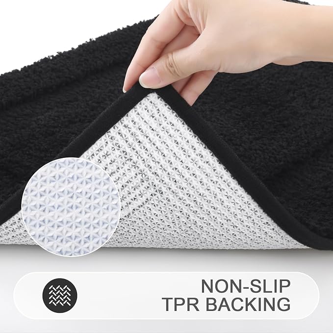 SHACOS Soft Microfiber Bathroom Rugs Set of 2 Pieces, Black | 32x20 + 24x16, Absorbent Plush Bath Rugs, Non Slip Washable Shaggy Bath Mats, Fluffy Bathroom Runner Floor Mats Shower Rug