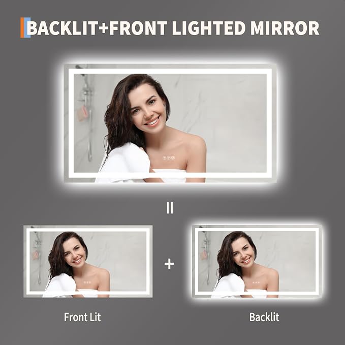 Large LED Bathroom Mirror 60x36 Inch - Frontlit & Backlit Frameless Wall Vanity Mirror with Stepless Dimming, Adjustable Color Temp, Anti-Fog Defogger, Smart Memory & 3X Suction Mirror, Sha