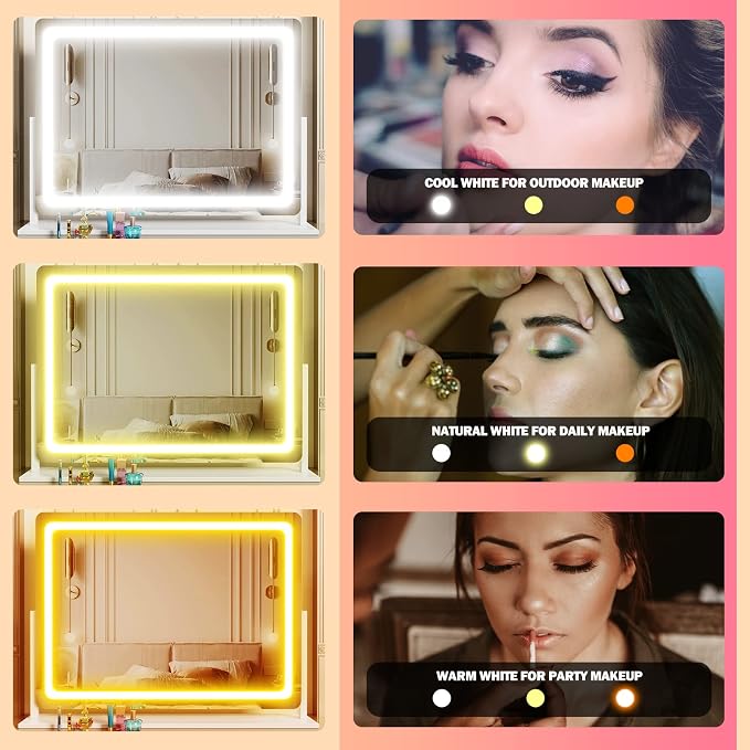 Gvnkvn Lighted Makeup Mirror, 17.3"x13" Hollywood Vanity Mirror with Lights,Three Color Lighting Modes, and 5X Magnification Mirror, Smart Touch Control, 360°Rotation (White, Gift Box)
