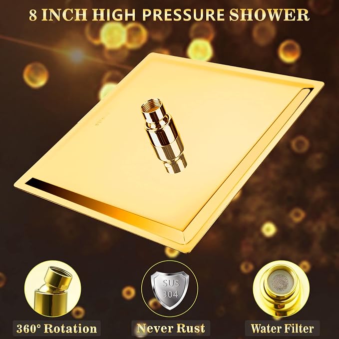 Voolan Rain Shower head, High Pressure Shower Head Made of 304 Stainless Steel, Relaxed Shower Experience Even at Low Water Flow and Pressure(8" Gold)
