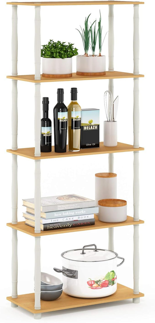 Furinno TURN-S-TUBE Storage Shelves, 5-Tier Book Shelf, Corner Shelf, Toolless Open Shelves, Classic Tubes, for Organization and Storage, Living Room, Garage, Home Office, Beech