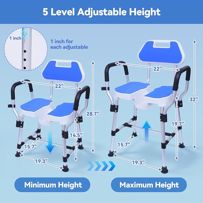 U-Shaped Shower Chair, 400 lbs Capacity, Adjustable Height Bath Seat, Blue | Shower Chair with Removable Back and Arms, Non-Slip Feet Bath Seat for Inside Shower, Shower Stool for Elderly and Disabled