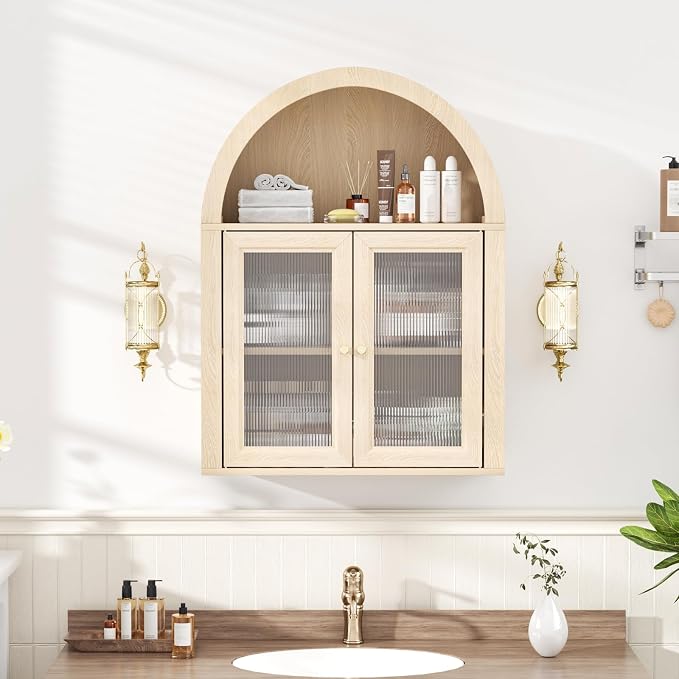 Medicine Cabinet with Arched Top, Bathroom Wall Cabinet Over Toilet with Wave Pattern Acrylic Doors and Removable Shelf, Roman Style Small Wall Cabinets for Kitchen, Living room, Laundry Room, Oak