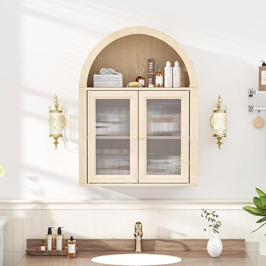 Medicine Cabinet with Arched Top, Bathroom Wall Cabinet Over Toilet with Wave Pattern Acrylic Doors and Removable Shelf, Roman Style Small Wall Cabinets for Kitchen, Living room, Laundry Room, Oak