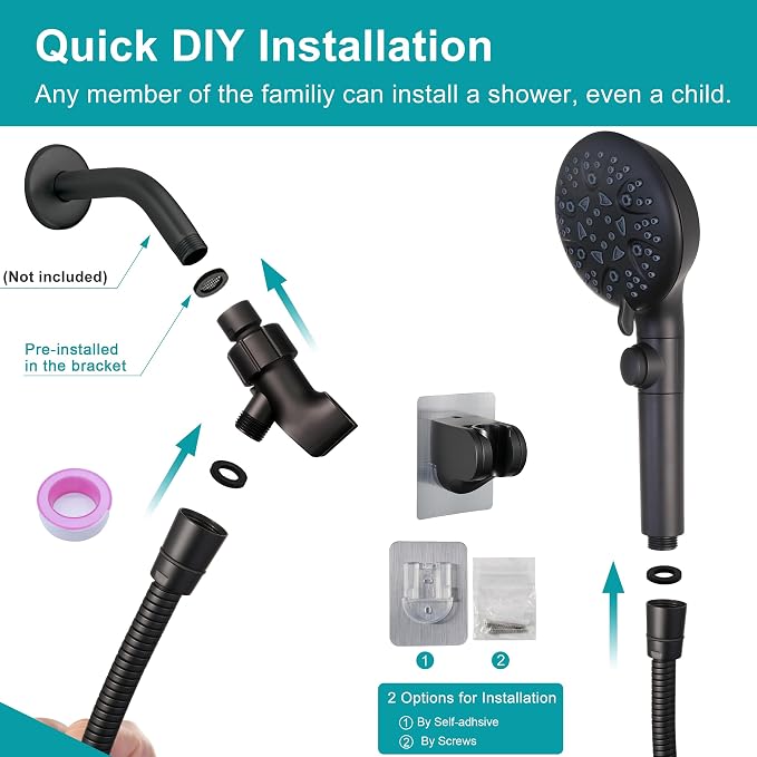 GwernKB Handheld Shower Head with On Off Switch,8-mode High Pressure Shower Wand with Long Hose and Bracket Extra Adhesive Holder for Lower Mount,Built-in Power Wash to Clean Tub,Tile & Pets,Black…