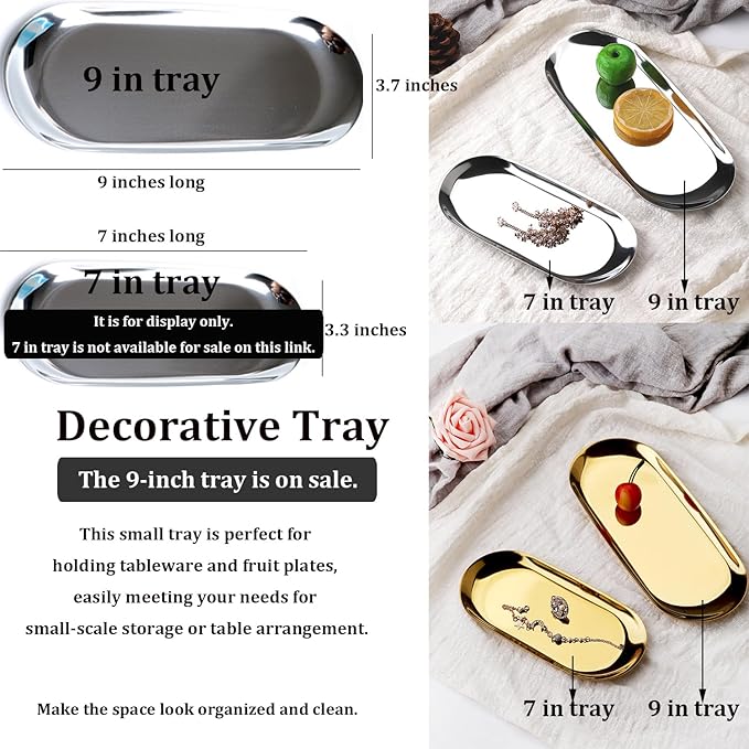 Stainless Steel Decorative Tray, Set of 2, 9 Inch Long, Jewelry Dish Cosmetics Organizer Bathroom Clutter Serving Platter Small Storage Tray, Oval, Silver