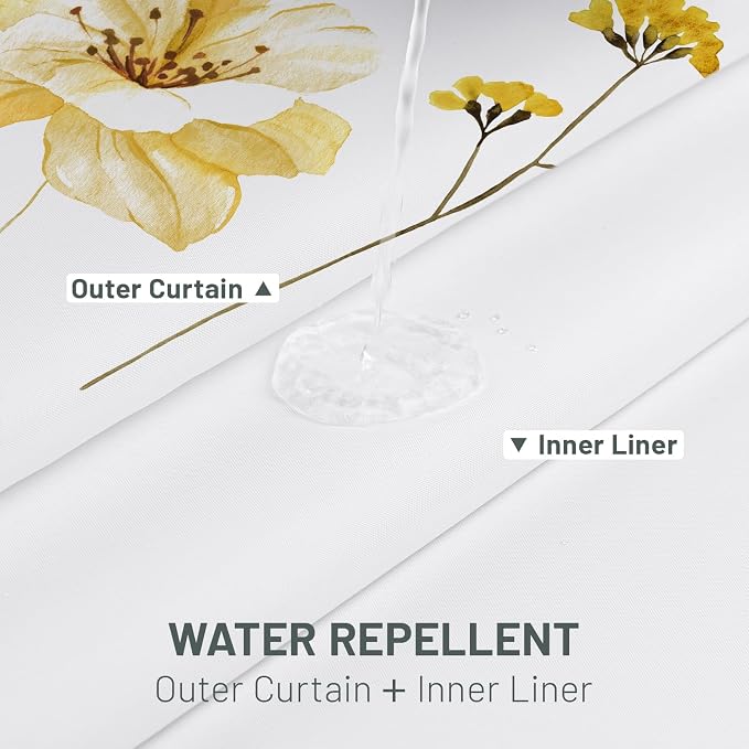 No Hook Floral Shower Curtain with Liner, Yellow Gray, 71x77 | Snap in Liner, 3 in 1, Water Repellent, Easy Install, Machine Washable, Hotel Style for Bathroom, Watercolor Pattern