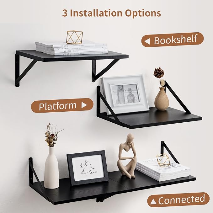 Deep Floating Shelves for Wall, 16W x 12D Black Floating Shelves Set of 2, 12 Inch Deep Large Wall Mounted Shelves for Living Room Bedroom Bathroom