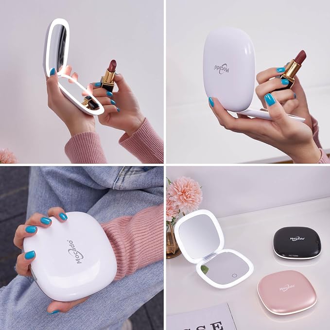Mocado Compact LED Magnifying Travel Makeup-Mirror - 4 inches 1X/10X Magnification Small Hand Pocket Dimmable Double Sided USB Rechargeable Touch Screen, Portable Tabletop Cosmetic (White) | Double Sides Lighted, 3 Colors Lighting, 0-100% Brightness, D...