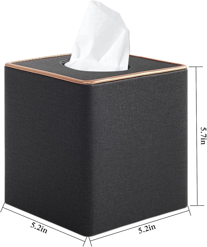 Linen Square Tissue Box Cover,Cube Tissue Box Holder－Excellent Rosegold Leather Decoration,Table Napkin Case Dispenser,Facial Tissues Organizer with Magnetic Bottom for Home Office Car(Black)