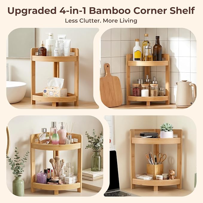 2026 New Bamboo Standing Shelf, 2 Tier Corner Shelf Stand, bathroom counter/sink organizer, Triangular Curved Corner Shelf Stand for Space-Saaving Display Ideal for Bathroom/Kitchen/Living Room