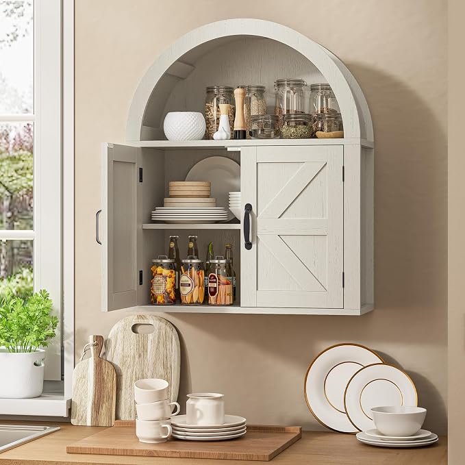 Arched Bathroom Wall Cabinet, Rustic White Farmhouse Cabinet, 23.6 x 28.7'' | Medicine Cabinet with Barn Door and with Adjustable Shelf, Wooden Storage Cabinet Wall Mounted for Bathroom Laundry Room