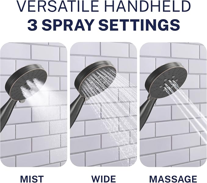 HammerHead Showers® Solid METAL 3-Spray Handheld Shower Head with Long Hose and Holder OIL RUBBED BRONZE - WIDE MASSAGE and MIST Sprays - 1.8 GPM Low Flow Handheld Showerhead -Water Saving Shower Head