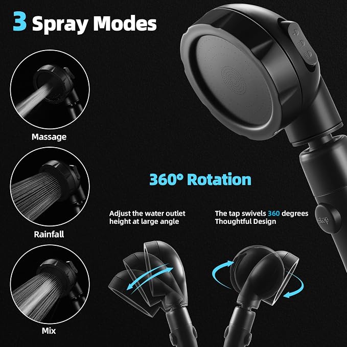 Marbrasse High Pressure Shower Head, 3-Settings Handheld Showerhead with ON/Off Full Shutoff Push Button and Switch to Control Flow, Angle-Adjustable Water Saving Body Sprays (Matte Black)
