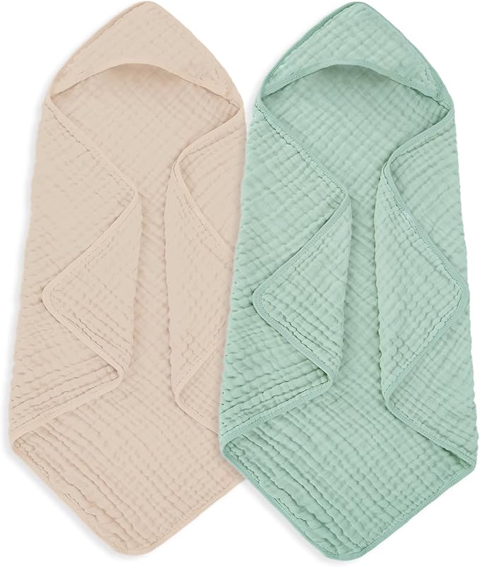 MIGIOL Muslin Hooded Baby Towels 100% Cotton ，Super Soft Muslin Baby Bath Towel - 32 x 32 Inches, Suitable for Newborn and Young Children up to 3 Years Old. (Beige & Green)