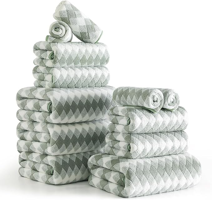 12 Pcs Green White Diamond Towel Set-4 Bath Towels,4 Hand Towels,4 Washcloths Soft Polyester Towels with Loop Absorbent Shower Towel Quick Dry Beach Chair Towel Family Towels for Bathroom Spa Gym Pool