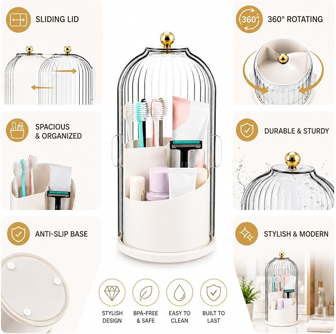 Rotating Toothbrush Holder with Cover, Storage for Bathroom, Dustproof Toothbrush Holder with Sliding Lid Electric Tooth Brush and Makeup Brush Organizer for Vanity, Dustproof with Cover