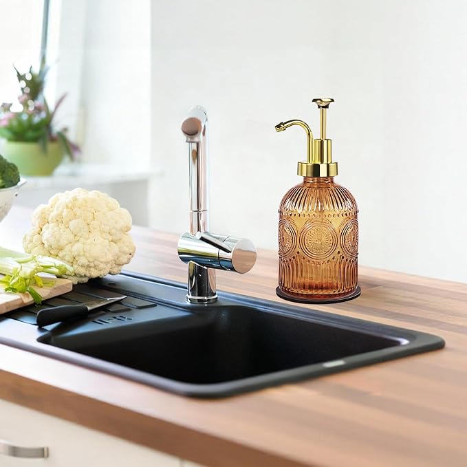 Amolliar 12 Oz Glass Soap Dispenser with Plastic Pump,Brown-Golden,2 Pack | Antique Rustic Hand Liquid Bottle for Bathroom/Kitchen, Vintage/Farmhouse/Boho Style, Pump Dispenser, Refillable