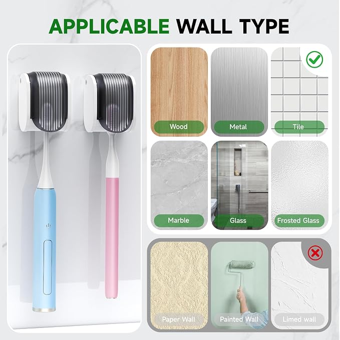 2 Pcs Toothbrush Holders Wall Mounted, Single Slot Design, Shower Self Adhesive Wall Mounted Toothbrush Holder with Cover, Waterproof and Dustproof, Suitable for Bathroom, Family, Travel (Grey)