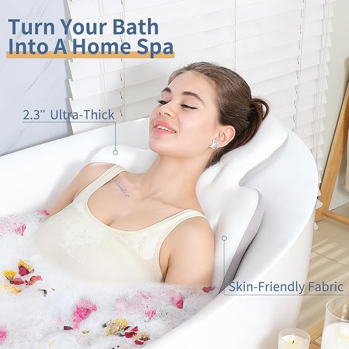 Luxury Bath Cushion, Full Body Bathtub Pillow with 160 Suction Cups, Bath Mat for Head and Neck Support, with Laundry Bag (White, 60" x 16")