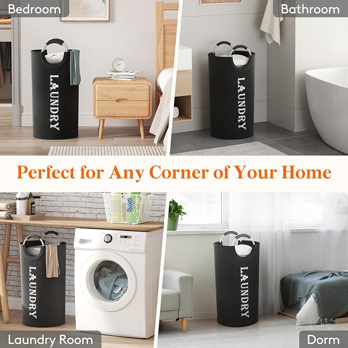 Lifewit 2 Pack 100L Laundry Basket with Aluminum Handles, Black | Collapsible Large Laundry Hamper, Waterproof Fabric, Freestanding Dirty Clothes Hampers for Dorm, RV, Bedroom, Laundry Room