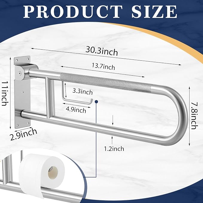 Zonon 2 Pack 30.3 Inch Handicap Grab Bars, Flip up Stainless Steel Toilet Safety Rails, Anti Slip with Paper Holder, Extra Long Bathroom Support Rail for Elderly Disabled Pregnant (Classic)