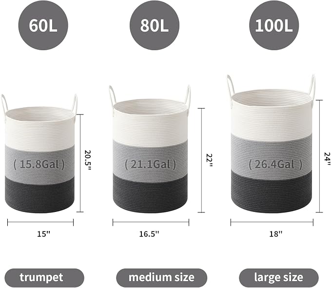 Laundry Basket Hamper Tall Rope Storage Woven for Blanket toys Dirty Clothes in Living Room Bathroom Bedroom (Gradient Grey, 100L/26.4Gal)