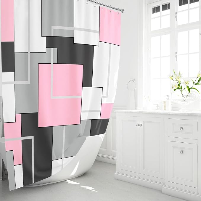 Pink Modern Geometric Waterproof Fabric Shower Curtain Set, 72 x 72 | Premium Polyester, Weighted Hem, 12 Plastic Hook, Vibrant Color, Wrinkle-resistant, Quick-Dry, Machine Washable, For Bathroom