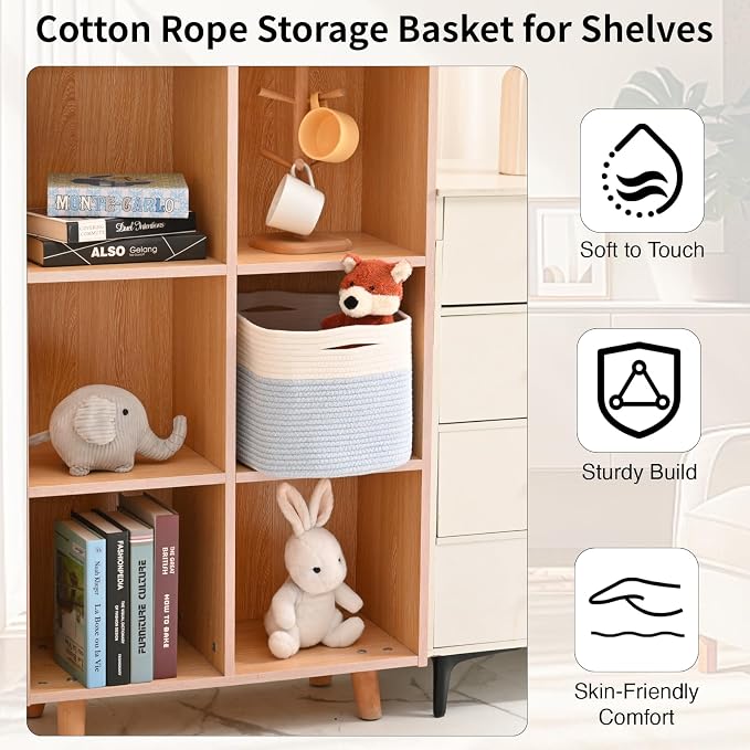 ICERZCZ Woven Cotton Rope Storage Basket for Organizing, Cute Decorative Baskets for Gifts Empty, Organizer Bins for Dog Toy, Baby Laundry, 15“×11”×9.5“, Off White & Blue