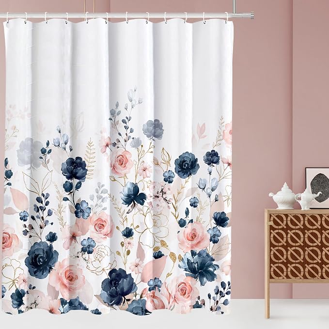Tititex Aesthetic Navy Pink Rose Floral Shower Curtain Sets, Watercolor Gold Flowers Leaves Bathroom Decorative 71x71 Inch Polyester Waterproof Fabric Bath Curtain with Hooks